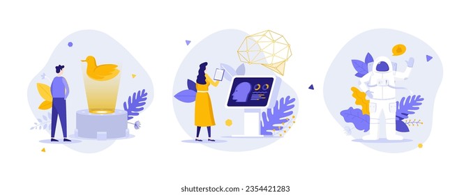 Technology and science flat concept vector illustrations set. Astronaut, AI and holographic projection cartoon composition. Visualization of projects idea for website, mobile, presentation