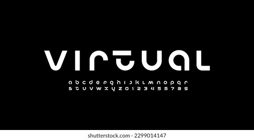 Technology science font, digital cyber alphabet made space future design, Latin lowercase bold letters A, B, C, D, E, F, G, H, I, J, K, L, M, N, O, P, Q, R, S, T, U, V, W, X, Y, Z and Arab numerals 0,
