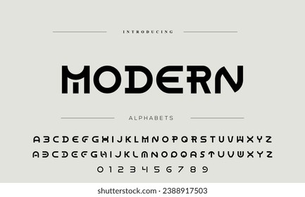 Schriftart in der Technologie, digitales Cyberalphabet im Stil des Futurismus, lateinische Großbuchstaben A, B, C, D, E, F, G, H, I, J, K, L, M, N, O, P, Q, R, S, T, U, V, W, X, Y, Z und arabische Zahlen 0, 1, 2, 3,