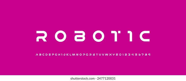 Technology science font, digital cyber alphabet made robotic style, uppercase letters A, B, C, D, E, F, G, H, I, J, K, L, M, N, O, P, Q, R, S, T, U, V, W, X, Y, Z numerals 0, 1, 2, 3, 4, 5, 6, 7, 8, 9