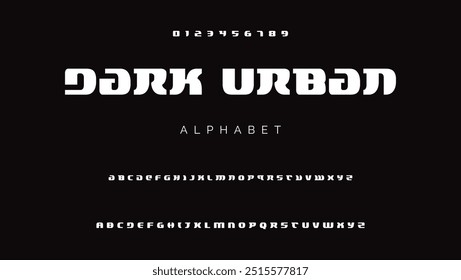 Fonte de ciência da tecnologia, alfabeto cibernético digital feito estilo robótico, letras maiúsculas A, B, C, D, E, F, G, H, I, J, K, L, M, N, O, P, Q, R, S, T, U, V, W, X, Y, Z algarismos 0, 1, 2, 3, 4, 5, 6, 7, 8, 9