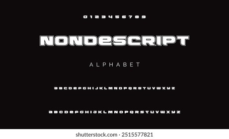 Fonte de ciência da tecnologia, alfabeto cibernético digital feito estilo robótico, letras maiúsculas A, B, C, D, E, F, G, H, I, J, K, L, M, N, O, P, Q, R, S, T, U, V, W, X, Y, Z algarismos 0, 1, 2, 3, 4, 5, 6, 7, 8, 9