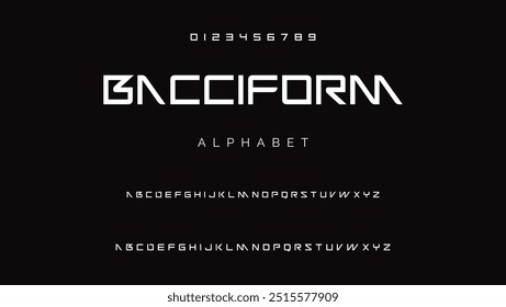 Fonte de ciência da tecnologia, alfabeto cibernético digital feito estilo robótico, letras maiúsculas A, B, C, D, E, F, G, H, I, J, K, L, M, N, O, P, Q, R, S, T, U, V, W, X, Y, Z algarismos 0, 1, 2, 3, 4, 5, 6, 7, 8, 9