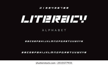 Fonte de ciência da tecnologia, alfabeto cibernético digital feito estilo robótico, letras maiúsculas A, B, C, D, E, F, G, H, I, J, K, L, M, N, O, P, Q, R, S, T, U, V, W, X, Y, Z algarismos 0, 1, 2, 3, 4, 5, 6, 7, 8, 9