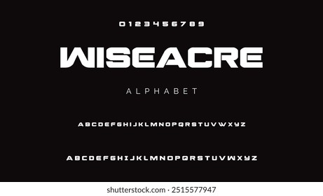 Schriftart für Technologiewissenschaften, digitales Cyber-Alphabet im Roboterstil, Großbuchstaben A, B, C, D, E, F, G, H, I, J, K, L, M, N, O, P, Q, R, S, T, U, V, W, X, Y, Z Ziffern 0, 1, 2, 3, 4, 5, 6, 7, 8, 9