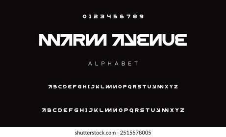 Fonte de ciência da tecnologia, alfabeto cibernético digital feito estilo robótico, letras maiúsculas A, B, C, D, E, F, G, H, I, J, K, L, M, N, O, P, Q, R, S, T, U, V, W, X, Y, Z algarismos 0, 1, 2, 3, 4, 5, 6, 7, 8, 9