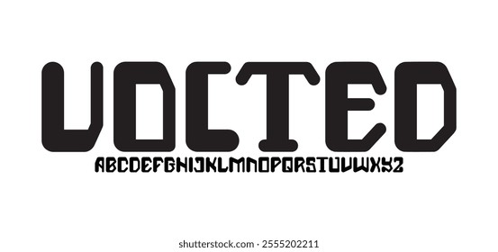 Technology science font, digital cyber alphabet made robotic style, uppercase letters A, B, C, D, E, F, G, H, I, J, K, L, M, N, O, P, Q, R, S, T, U, V, W, X, Y, Z numerals 0, 1, 2, 3, 4, 5, 6, 7, 8, 9