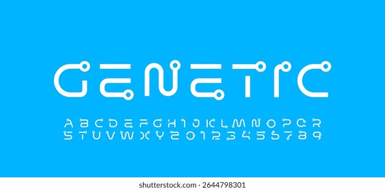 Technology science font, digital cyber alphabet with rings, uppercase letters A, B, C, D, E, F, G, H, I, J, K, L, M, N, O, P, Q, R, S, T, U, V, W, X, Y, Z and numerals 0, 1, 2, 3, 4, 5, 6, 7, 8, 9 spa