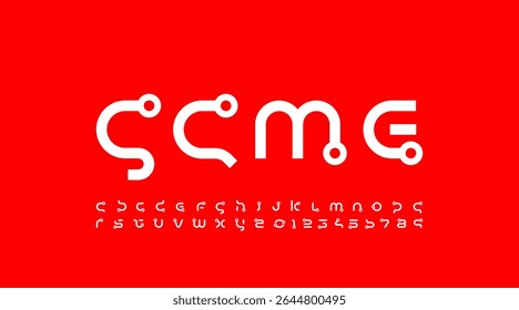 Technology science font, digital cyber alphabet with rings, lowercase letters A, B, C, D, E, F, G, H, I, J, K, L, M, N, O, P, Q, R, S, T, U, V, W, X, Y, Z and numerals 0, 1, 2, 3, 4, 5, 6, 7, 8, 9 spa
