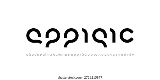 Technology science font, digital cyber alphabet, Latin letters A, B, C, D, E, F, G, H, I, J, K, L, M, N, O, P, Q, R, S, T, U, V, W, X, Y, Z and Arab numerals 0, 1, 2, 3, 4, 5, 6, 7, 8, 9 space style