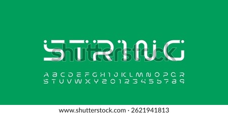 Technology science font, digital cyber alphabet with dots, uppercase letters A, B, C, D, E, F, G, H, I, J, K, L, M, N, O, P, Q, R, S, T, U, V, W, X, Y, Z and numerals 0, 1, 2, 3, 4, 5, 6, 7, 8, 9 spac