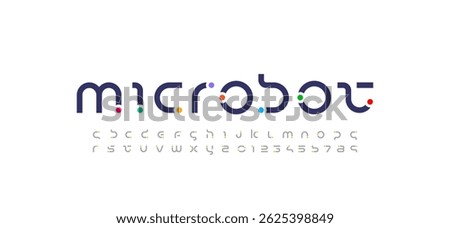 Technology science font, digital cyber alphabet with dots, uppercase letters A, B, C, D, E, F, G, H, I, J, K, L, M, N, O, P, Q, R, S, T, U, V, W, X, Y, Z and numerals 0, 1, 2, 3, 4, 5, 6, 7, 8, 9 spac