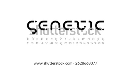 Technology science font, digital cyber alphabet with dots, lowercase letters A, B, C, D, E, F, G, H, I, J, K, L, M, N, O, P, Q, R, S, T, U, V, W, X, Y, Z and numerals 0, 1, 2, 3, 4, 5, 6, 7, 8, 9 spac