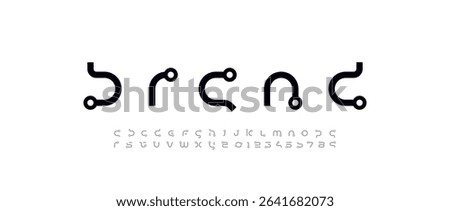 Technology science font, digital cyber alphabet with rings, lowercase letters A, B, C, D, E, F, G, H, I, J, K, L, M, N, O, P, Q, R, S, T, U, V, W, X, Y, Z and numerals 0, 1, 2, 3, 4, 5, 6, 7, 8, 9 spa