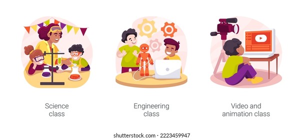 Technology and science for gradeschoolers isolated cartoon vector illustration set. Science and engineering after school classes, video and animation summer camp, PA day program vector cartoon.