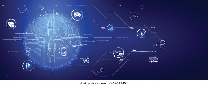 Technologiewissenschaftliche Gesundheitsversorgung mit medizinischer Ikone mit digitalem Erdglobalisierungsdatenverbindungskonzept, Vektorhintergrund.