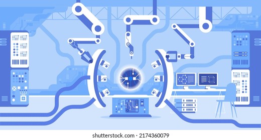 Technology and science for industry development. Flat color vector illustration. High tech in manufacture. Modern technological 2D simple cartoon object in plant interior with machinery on background