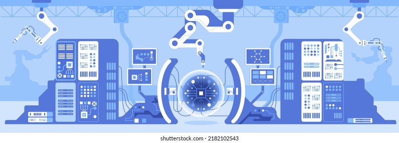 Technologie und Wissenschaft für die Entwicklung der Industrie. Flache farbige Vektorgrafik. Hightech in der Fertigung. Modernes technologisches 2D-einfaches Cartoon-Objekt im Pflanzeninneren mit Maschinen auf dem Hintergrund