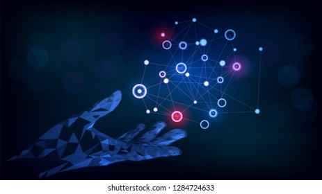 Technology, science, Internet, social network, neural network. Structure in low poly arm