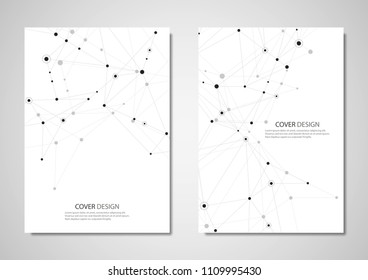 Technology and science vector brochure or cover design. Geometric abstract background with connected lines and dots