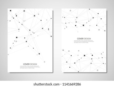 Technology and science vector brochure or cover design. Geometric abstract background with connected lines and dots