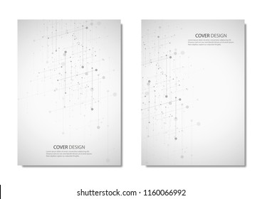 Technology and science vector brochure or cover design. Geometric abstract background with connected lines and dots
