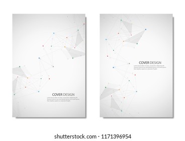 Technology and science vector brochure or cover design. Geometric abstract background with connected lines and dots
