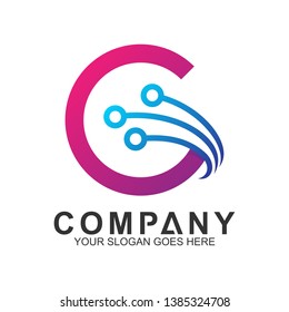 technology and science vector logo,c letter with electronic line shape