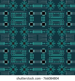 Technology seamless background green electronic plate pattern. Circuit board ,  Electrical scheme vector illustration. 