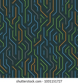 Technology seamless pattern from colored lines connections. Abstract information connectivity background. IT-development conception. Neural structure. Vector illustration
