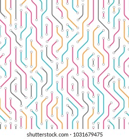 Technology seamless pattern from colored lines connections. Abstract information connectivity background. IT-development conception. Neural structure. Vector illustration
