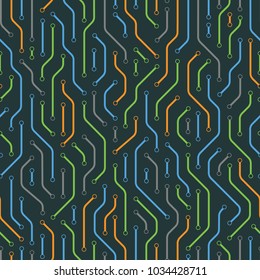 Technology seamless pattern from colored lines connections. Abstract information connectivity background. IT-development conception. Neural structure. Vector illustration