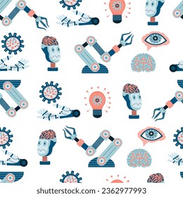 Technology seamless pattern with Hand Drawn Neural Networks, robots, and artificial intelligence, database background, information, server center, global network, backup, security vector background