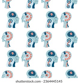 Technology seamless pattern with humanoids robots. Chatbots and digital cyborgs, communication artificial intelligence.