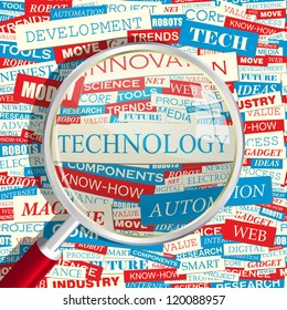 TECHNOLOGY. Seamless vector pattern. Word collage.