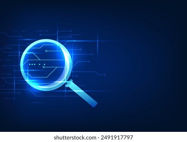 Technology, searching for information, magnifying glass looking at technology circuits Shows searching for information through a high-speed internet network, displaying cyber information.