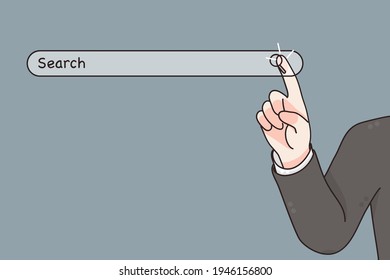 Technology, searching system and internet technologies concept. Male hand pressing Search button for finding information in internet vector illustration 