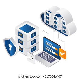 Technology security cloud server computer isometric illustration concept