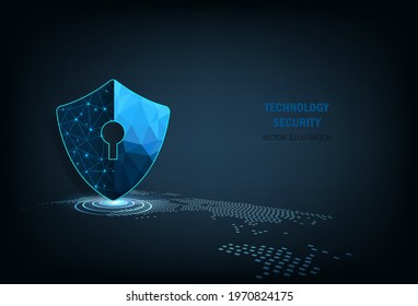 Technology security concept.Security shield icon digital display over on dark blue background.Technology for online data access defense against hacker and virus.Internet security concept. 