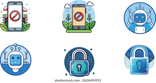Tecnologia, Segurança e Conjunto de Ícones de Restrições Digitais - Símbolos Minimalistas para Acesso Restrito, Inteligência Artificial e Cibersegurança
