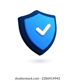 Technology security shield logo. 3D vector icon of checkmark, VPN symbol. Digital authentication and proxy server connection illustration. Virtual private network, password protection