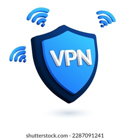 Technology security shield logo. 3D vector icon of lock, VPN and WIFI symbols. Digital authentication and proxy server connection illustration. Virtual private network, password protection