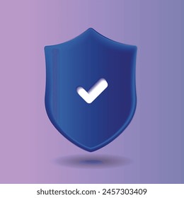 Technology security shield logo. 3D vector icon of checkmark, VPN symbol. Digital authentication and proxy server connection illustration. Virtual private network, password protection.