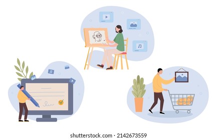 Technology of selling NFT tokens for cryptocurrency. Male and female artists or art dealer sells artworks online. Buyers gives bitcoin, dollar, ethereum. Vector illustration. Rights Transfer. For web 