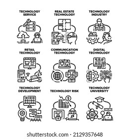 Technology Service Set Icons Vector Illustrations. Digital Technology Service And Development, Real Estate And Industry, Retail Device And Communication Gadget, University And Risk Black Illustrations