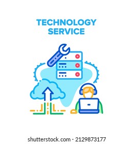 Concepto de icono del vector del servicio de tecnología. Trabajador Del Centro De Llamadas Con Soporte Al Cliente En Teléfono Y En Línea En Computadora, Mantenimiento De Servidor Digital Y Tecnología De Almacenamiento En Nube Ilustración De Color Del Servicio