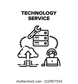 Technology Service Vector Icon Concept. Call Center Worker Supporting Client On Phone And Online On Computer, Maintenance Of Digital Server And Cloud Storage Technology Service Black Illustration