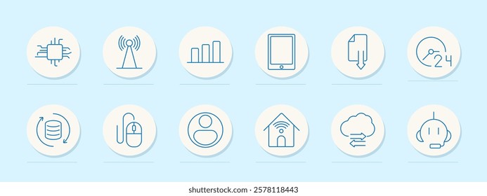 Technology services set icon. Microchip, connectivity, data analytics, tablet, download, support, backup, user, smart home, cloud services, customer support