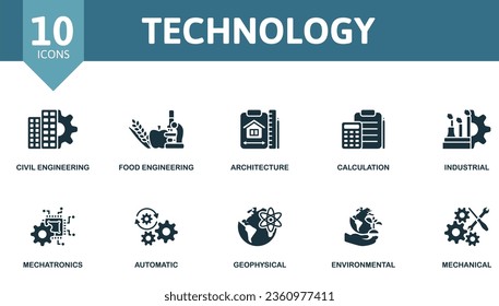 Technologie-Set. Kreative Symbole: Ingenieurwesen, Lebensmitteltechnik, Architektur, Berechnung, Industrie, Mechatronik, Automatik, Geophysik, Umwelt, Maschinenbau.