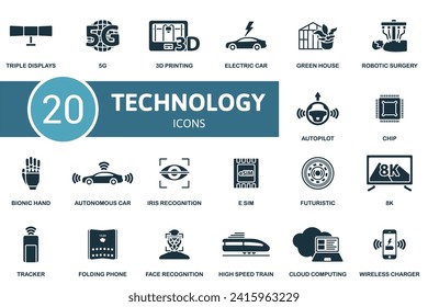 Technology set. Creative icons: triple displays, 5g, 3d printing, electric car, green house, robotic surgery, autopilot, chip, bionic hand, autonomous car and more